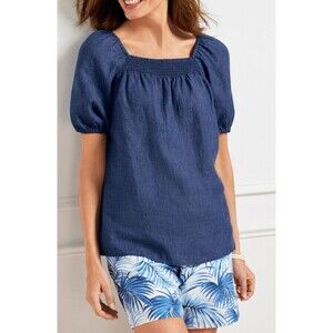 Talbots Square Neck Linen Top Stripe Chambray Sz 3X Smocked Tunic